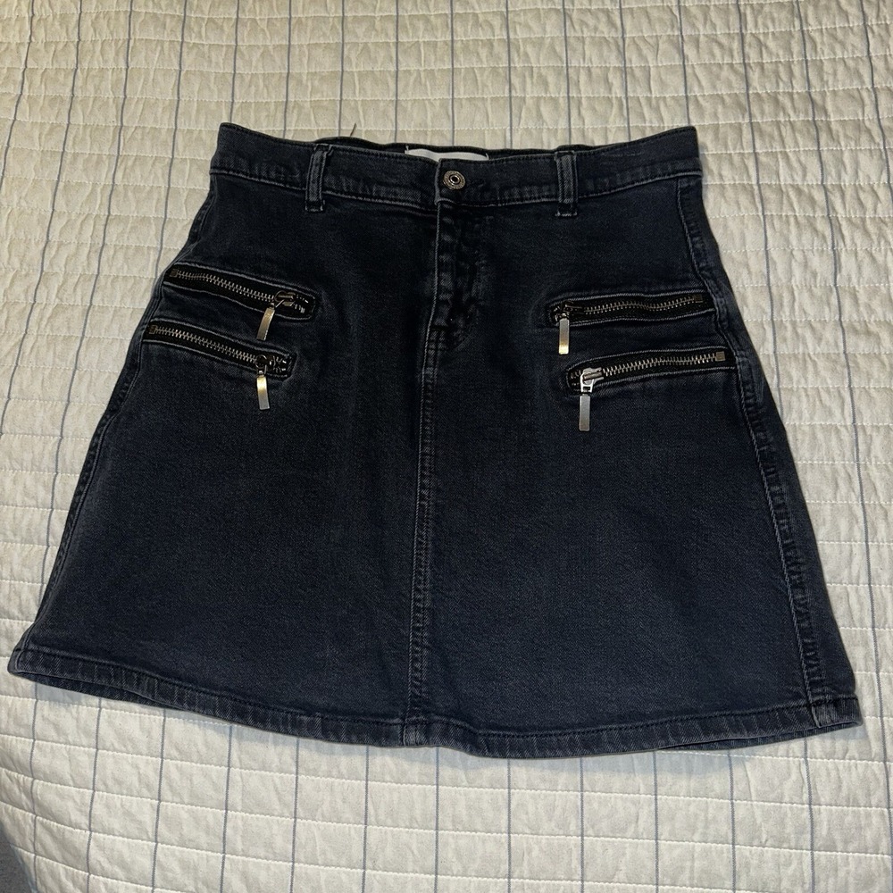 Mango Denim & Tees Black Denim Mini Skirt Moto Zipper‎ Detail Size XS